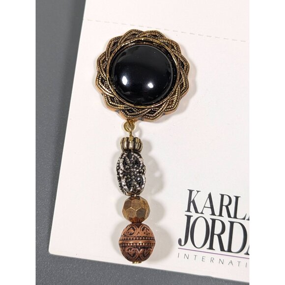 Vintage Karla Jordan Black Onyx Brass Copper Stacked Bead Dangle Pierced Earring - Picture 2 of 7